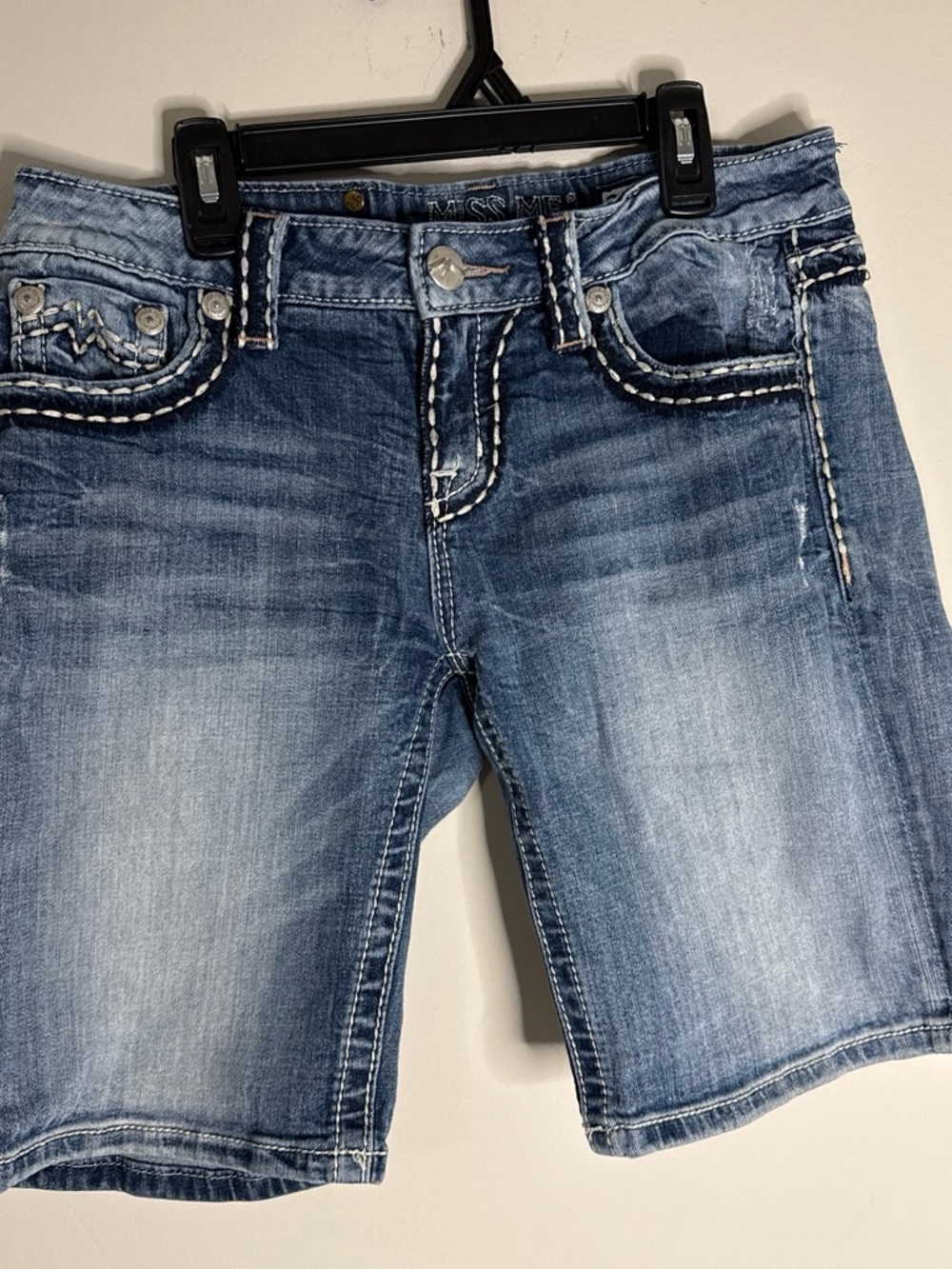 Miss Me Light Blue Washed Denim Shorts with Contrast Stitching